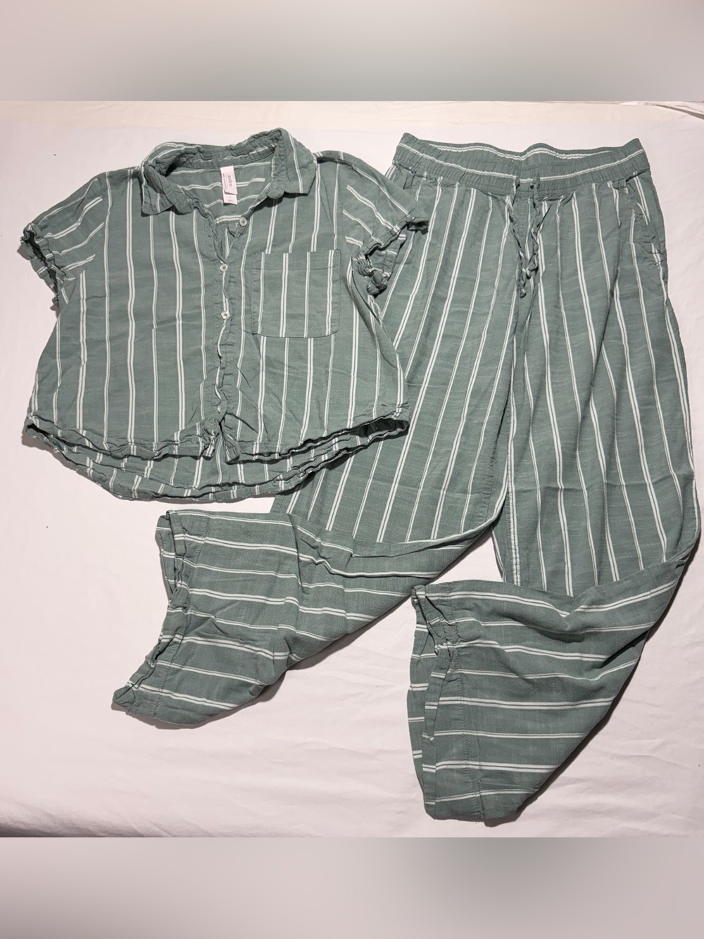 Auden Green Stripe Pajama Set - Button-Up Top & Drawstring Pants